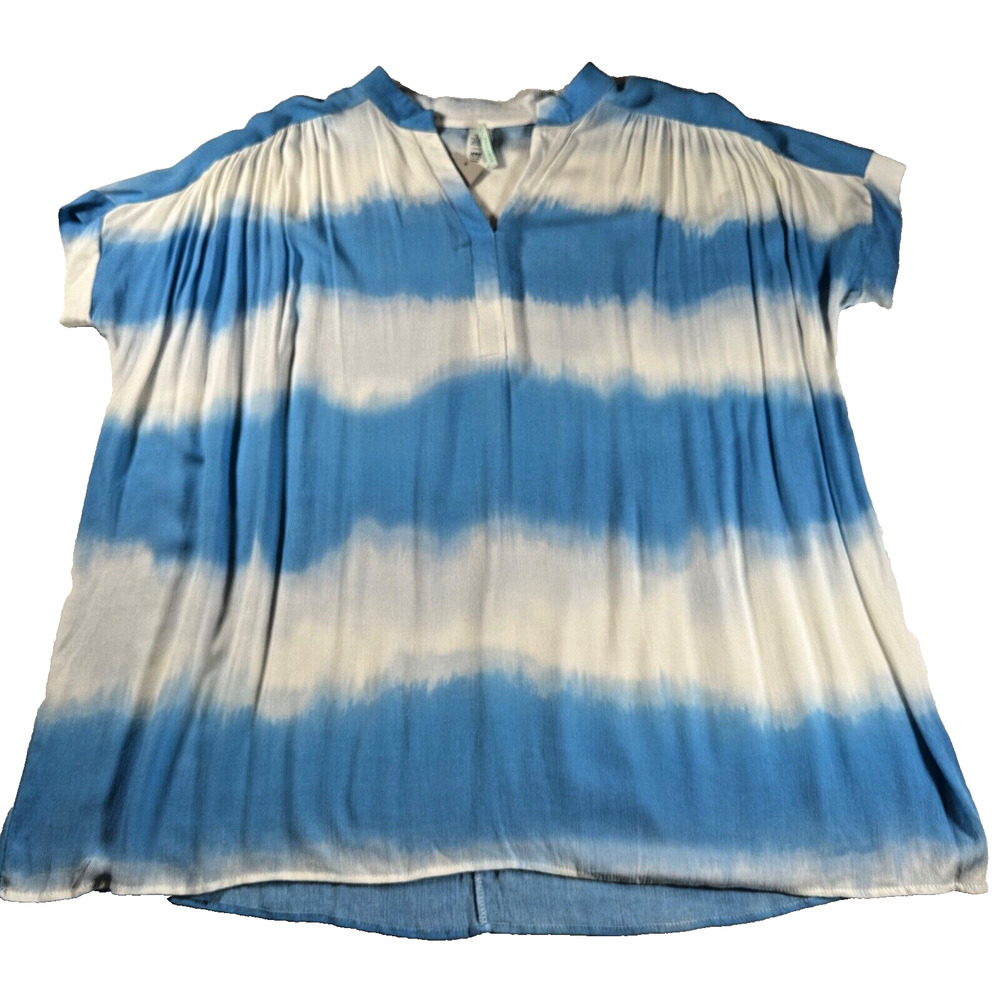 Bellamie Tunic Top Women's X-Large Blue White Striped V-Neck Short Sleeve New